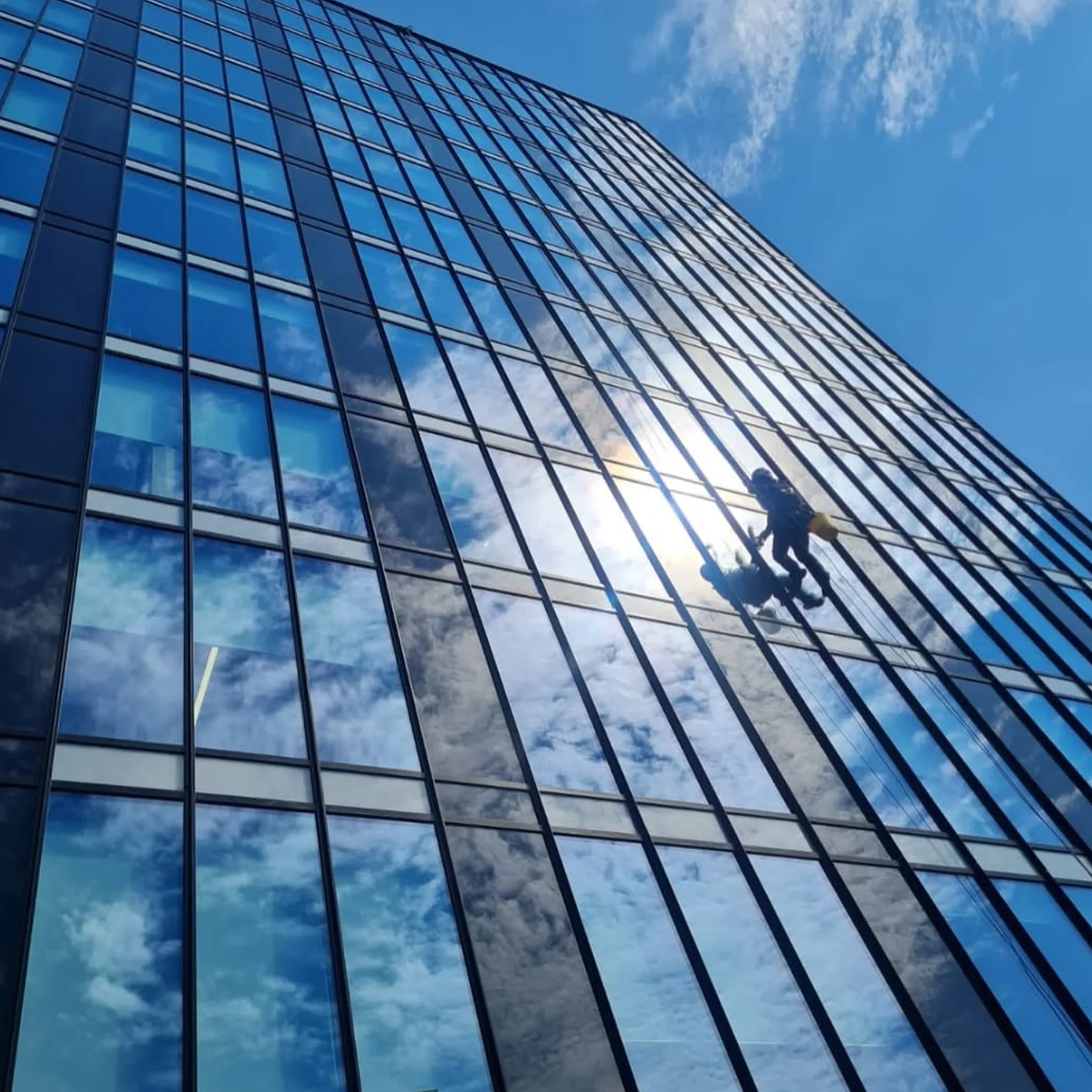 rope-access technicians cleaning glass skyscraper